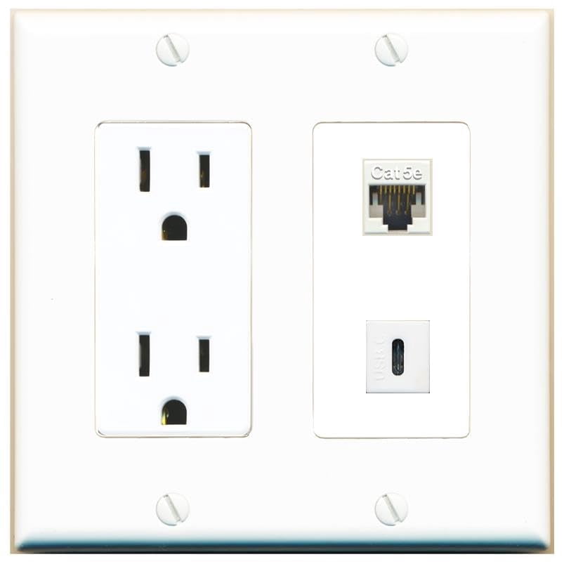 RiteAV 15 Amp Power Outlet and CAT5E USBC Wall Plate Decorative [White]