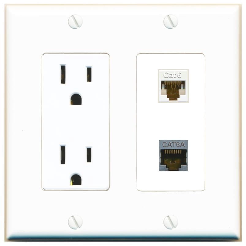RiteAV 15 Amp Power Outlet and CAT6 CAT6A Wall Plate Decorative [White]