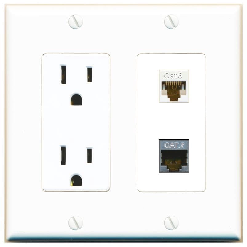 RiteAV 15 Amp Power Outlet and CAT6 CAT7 Wall Plate Decorative [White]