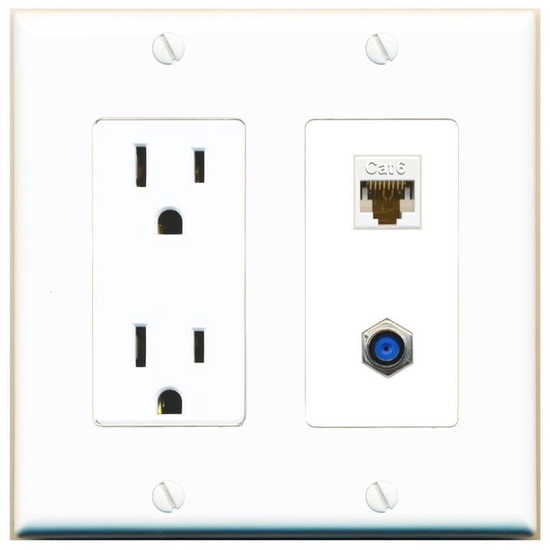 RiteAV 15 Amp Power Outlet and CAT6 F81 Wall Plate Decorative [White]