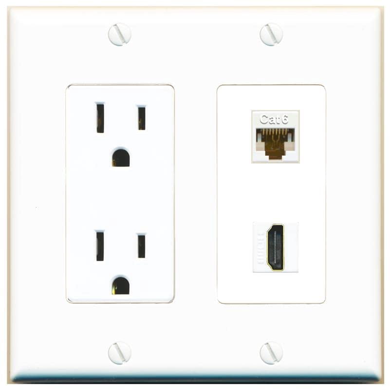 RiteAV 15 Amp Power Outlet and CAT6 HDMI Wall Plate Decorative [White]