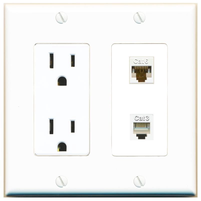 RiteAV 15 Amp Power Outlet and CAT6 Phone Wall Plate Decorative [White]