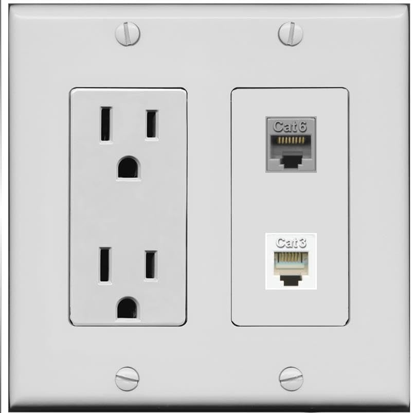 RiteAV 15 Amp Power Outlet and CAT6 Phone Wall Plate [Gray]