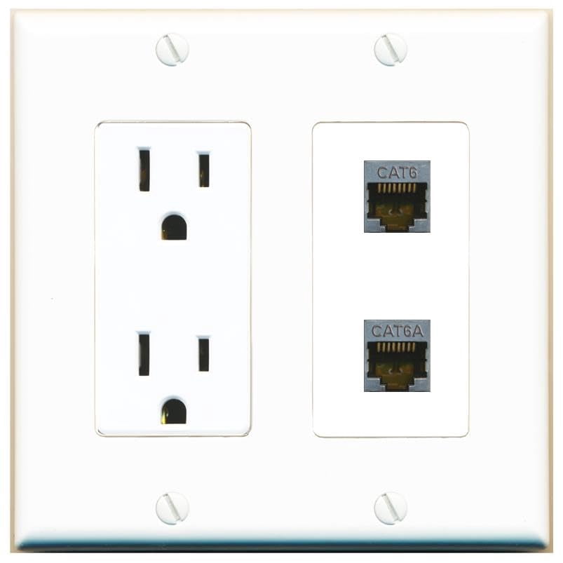 RiteAV 15 Amp Power Outlet and CAT6-SHIELDED CAT6A Wall Plate Decorative [White]