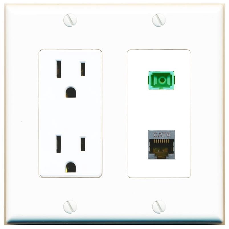 RiteAV 15 Amp Power Outlet and CAT6-SHIELDED SC-APC-SX Wall Plate Decorative [White]