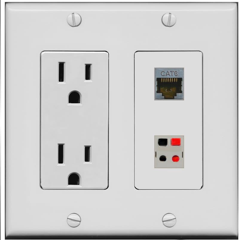 RiteAV 15 Amp Power Outlet and CAT6-SHIELDED Speaker Wall Plate [Gray]