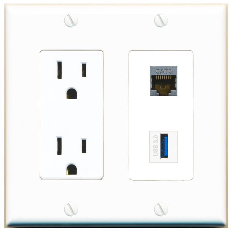 RiteAV 15 Amp Power Outlet and CAT6-SHIELDED USB-3 Wall Plate Decorative [White]
