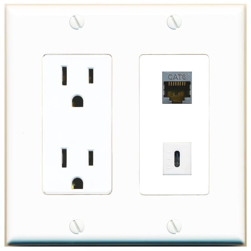 RiteAV 15 Amp Power Outlet and CAT6-SHIELDED USBC Wall Plate Decorative [White]