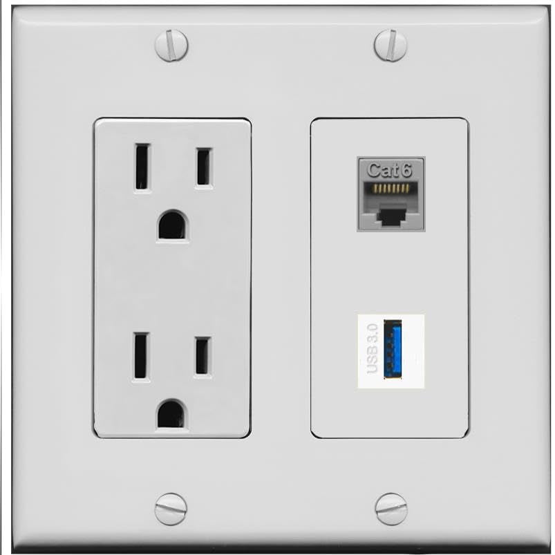 RiteAV 15 Amp Power Outlet and CAT6 USB-3 Wall Plate [Gray]