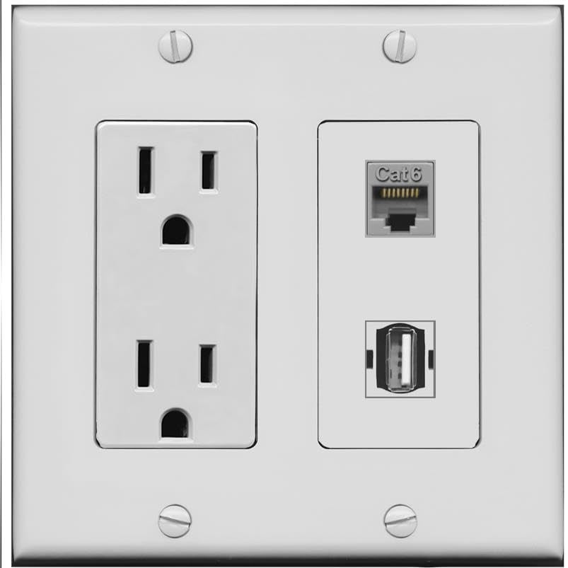 RiteAV 15 Amp Power Outlet and CAT6 USB2 Wall Plate [Gray]