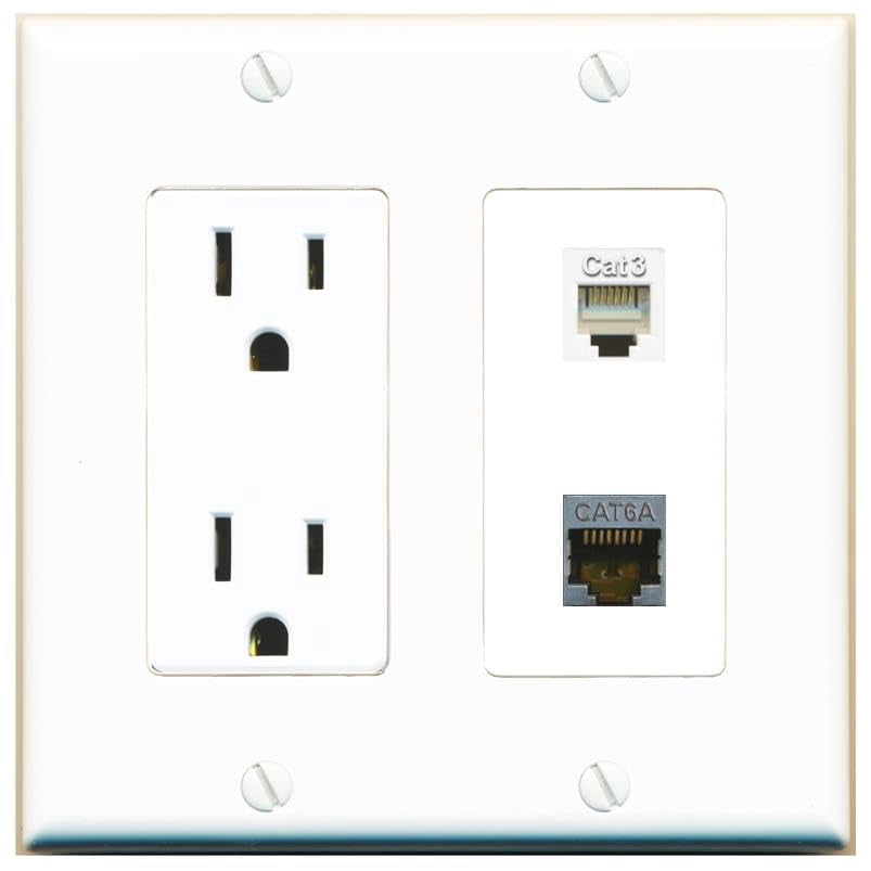 RiteAV 15 Amp Power Outlet and CAT6A Phone Wall Plate Decorative [White]