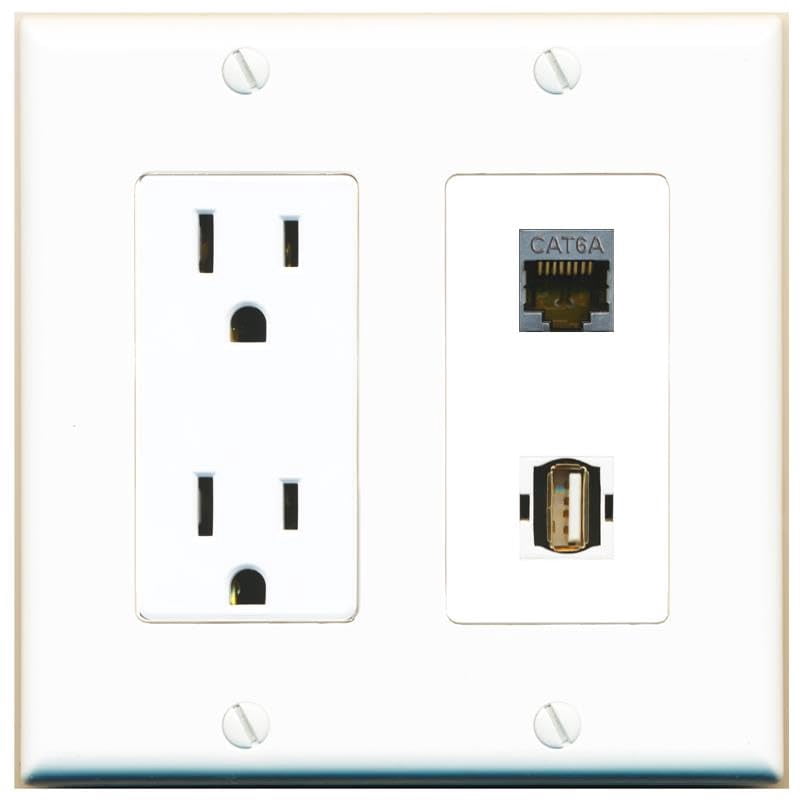 RiteAV 15 Amp Power Outlet and CAT6A USB2 Wall Plate Decorative [White]