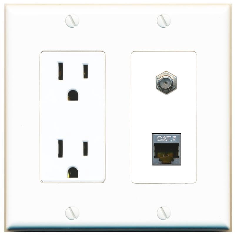 RiteAV 15 Amp Power Outlet and CAT7 Coax Wall Plate Decorative [White]