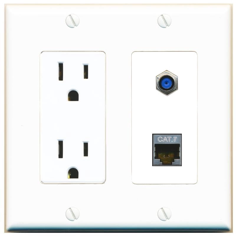 RiteAV 15 Amp Power Outlet and CAT7 F81 Wall Plate Decorative [White]