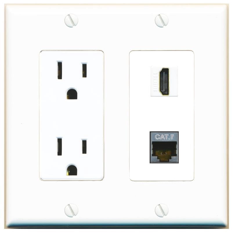 RiteAV 15 Amp Power Outlet and CAT7 HDMI Wall Plate Decorative [White]