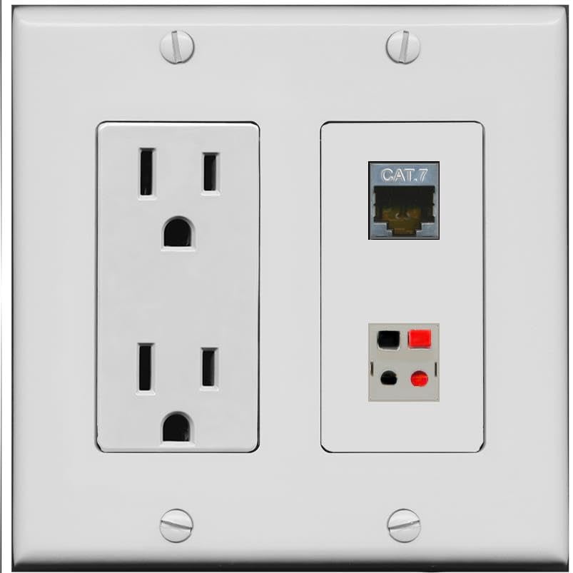 RiteAV 15 Amp Power Outlet and CAT7 Speaker Wall Plate [Gray]