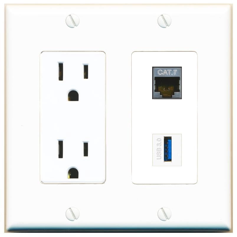 RiteAV 15 Amp Power Outlet and CAT7 USB-3 Wall Plate Decorative [White]