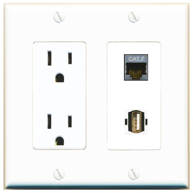 RiteAV 15 Amp Power Outlet and CAT7 USB2 Wall Plate Decorative [White]