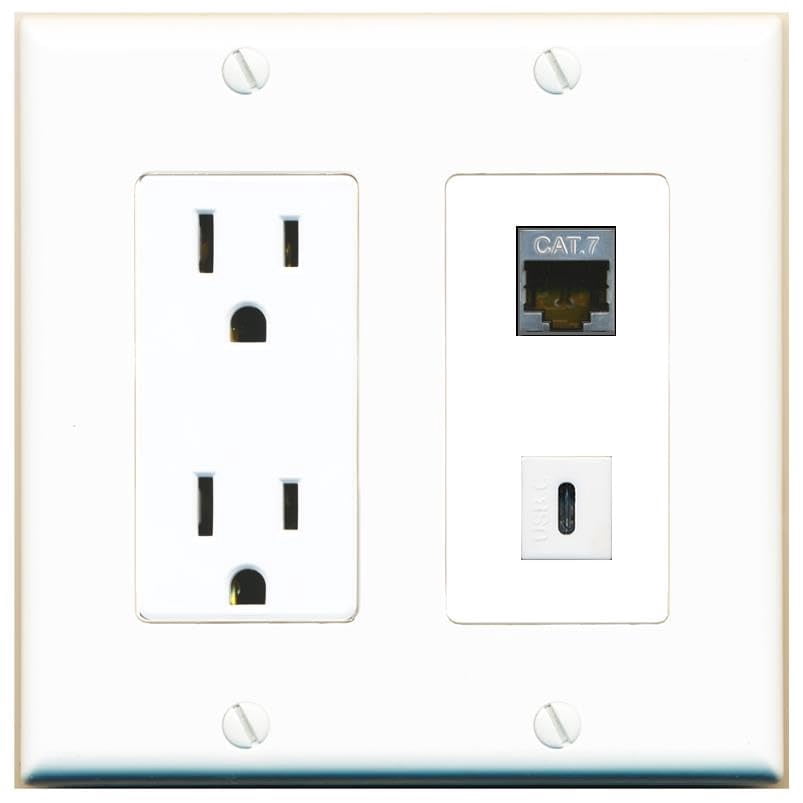 RiteAV 15 Amp Power Outlet and CAT7 USBC Wall Plate Decorative [White]