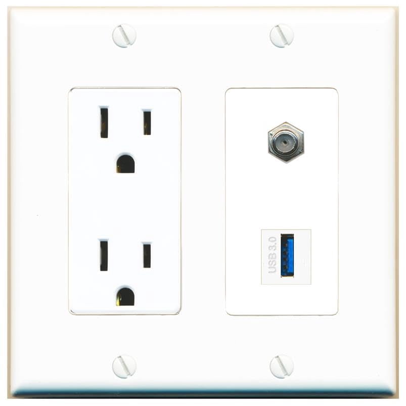 RiteAV 15 Amp Power Outlet and Coax USB-3 Wall Plate Decorative [White]