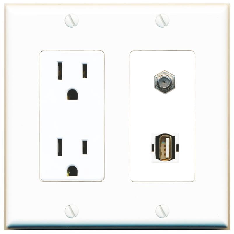 RiteAV 15 Amp Power Outlet and Coax USB2 Wall Plate Decorative [White]