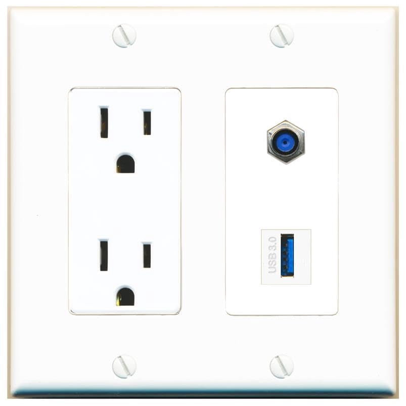 RiteAV 15 Amp Power Outlet and F81 USB-3 Wall Plate Decorative [White]