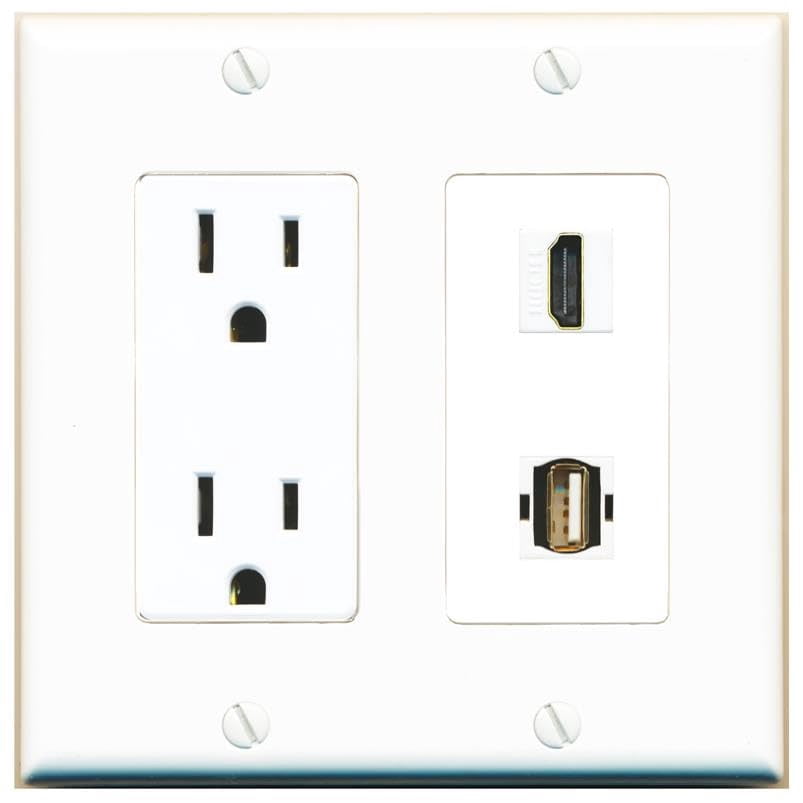 RiteAV 15 Amp Power Outlet and HDMI USB2 Wall Plate Decorative [White]