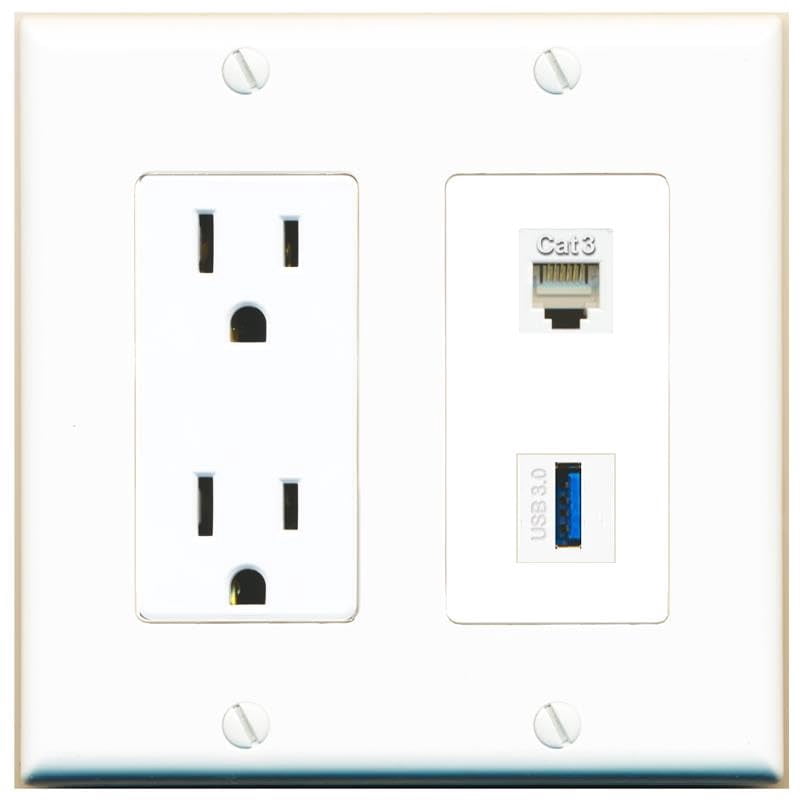RiteAV 15 Amp Power Outlet and Phone USB-3 Wall Plate Decorative [White]
