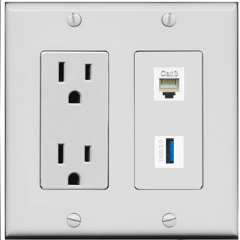 RiteAV 15 Amp Power Outlet and Phone USB-3 Wall Plate [Gray]