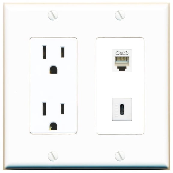 RiteAV 15 Amp Power Outlet and Phone USBC Wall Plate Decorative [White]