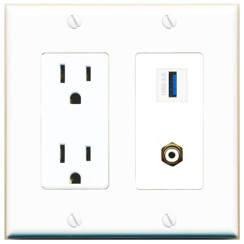 RiteAV 15 Amp Power Outlet and RCA-White USB-3 Wall Plate Decorative [White]