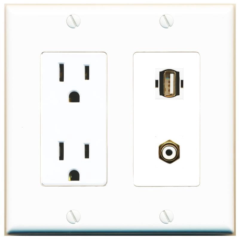 RiteAV 15 Amp Power Outlet and RCA-White USB2 Wall Plate Decorative [White]