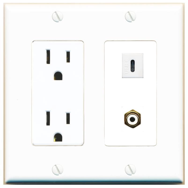 RiteAV 15 Amp Power Outlet and RCA-White USBC Wall Plate Decorative [White]