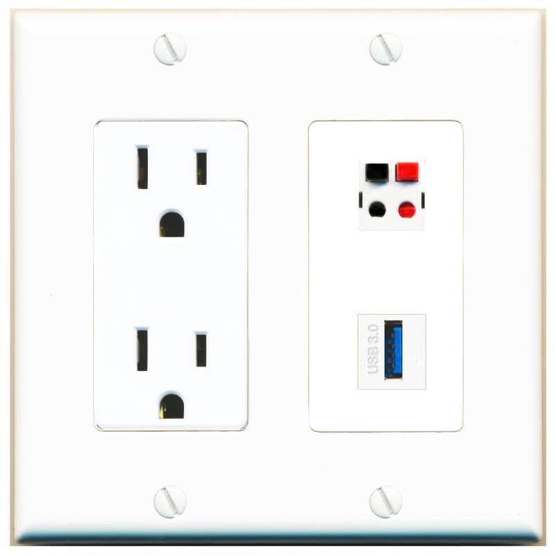 RiteAV 15 Amp Power Outlet and Speaker USB-3 Wall Plate Decorative [White]