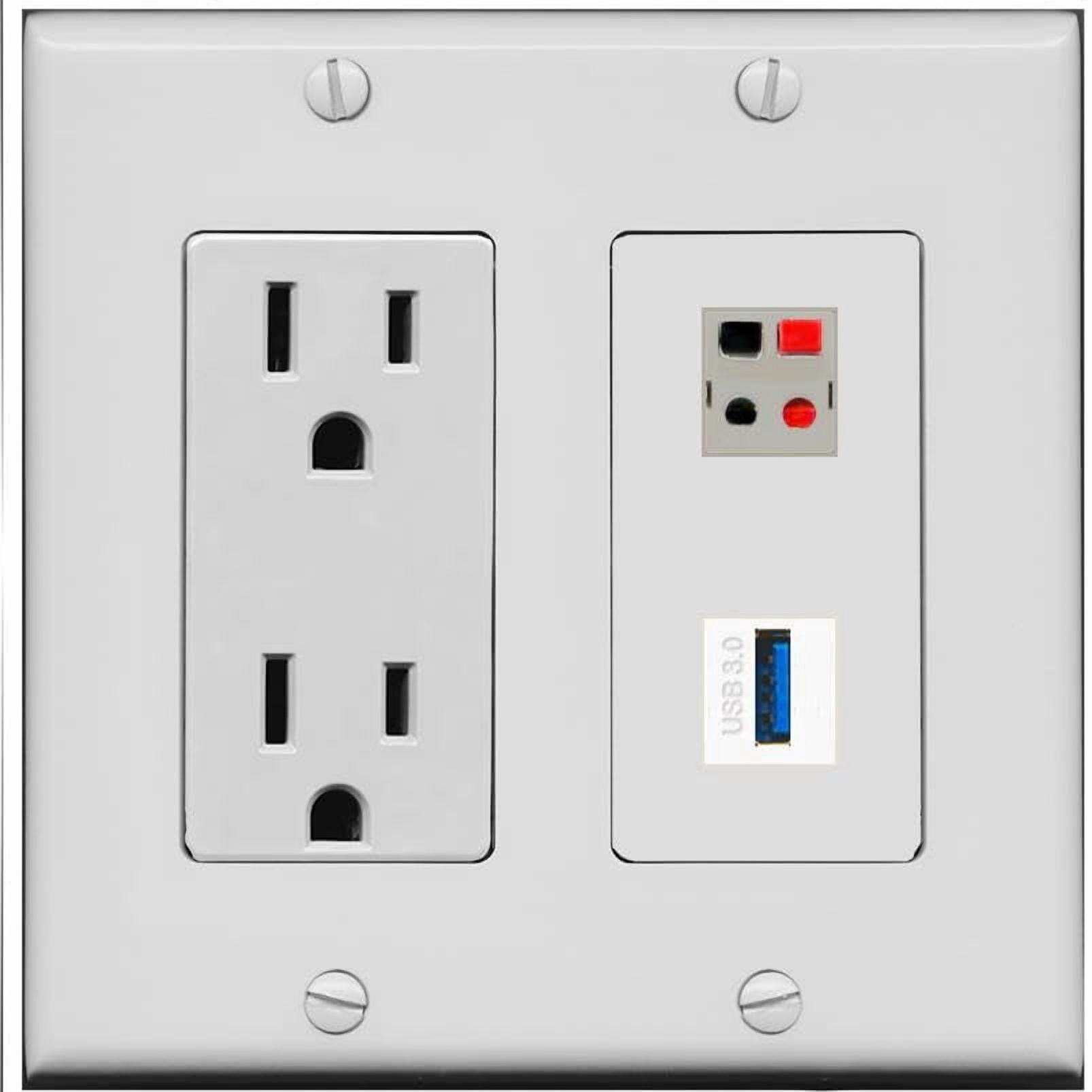 RiteAV 15 Amp Power Outlet and Speaker USB-3 Wall Plate [Gray]