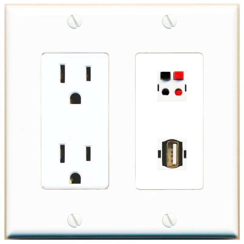 RiteAV 15 Amp Power Outlet and Speaker USB2 Wall Plate Decorative [White]