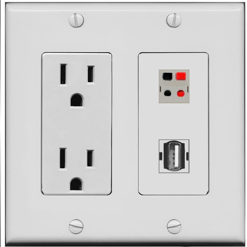 RiteAV 15 Amp Power Outlet and Speaker USB2 Wall Plate [Gray]