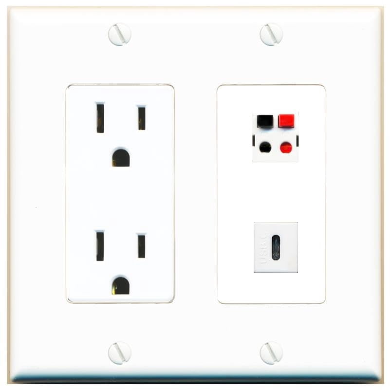 RiteAV 15 Amp Power Outlet and Speaker USBC Wall Plate Decorative [White]