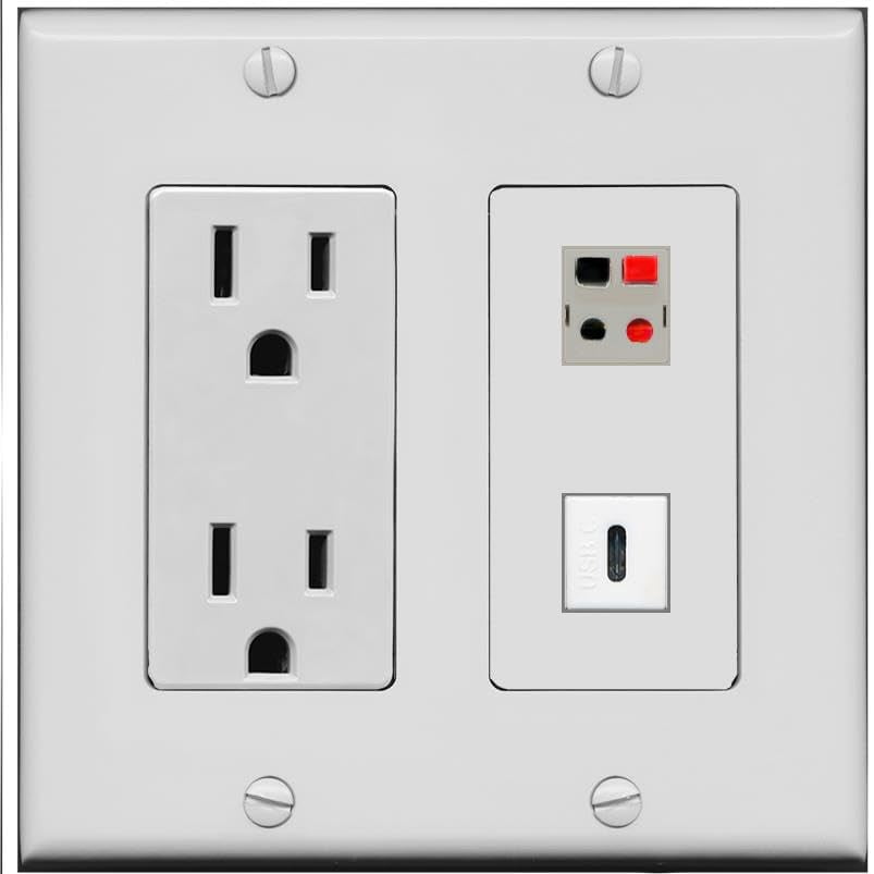 RiteAV 15 Amp Power Outlet and Speaker USBC Wall Plate [Gray]