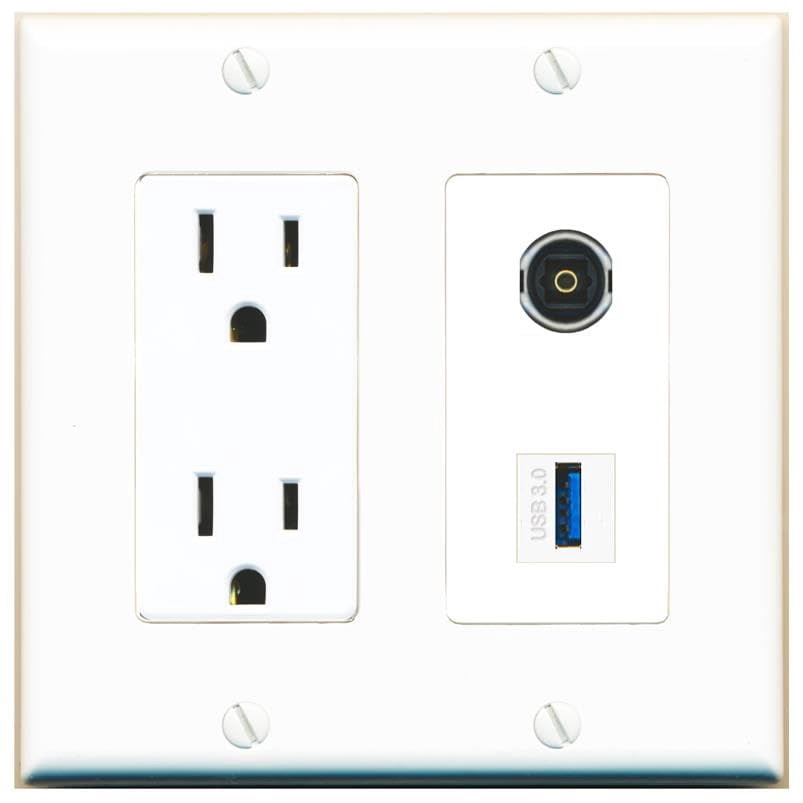RiteAV 15 Amp Power Outlet and TOSLINK USB-3 Wall Plate Decorative [White]