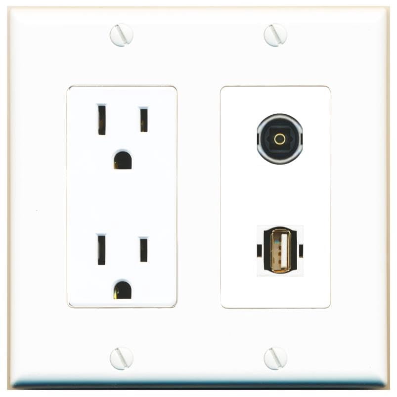 RiteAV 15 Amp Power Outlet and TOSLINK USB2 Wall Plate Decorative [White]