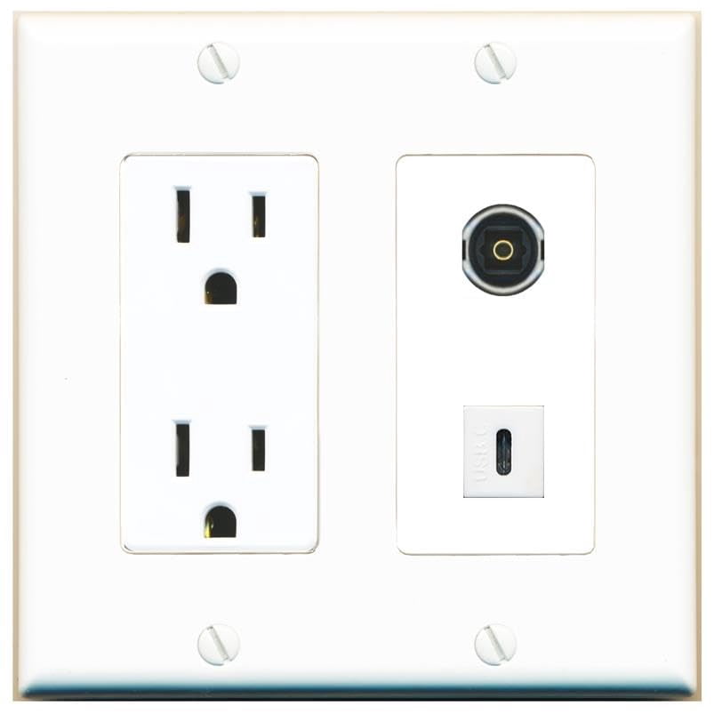 RiteAV 15 Amp Power Outlet and TOSLINK USBC Wall Plate Decorative [White]