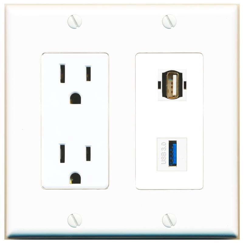 RiteAV 15 Amp Power Outlet and USB-3 USB2 Wall Plate Decorative [White]