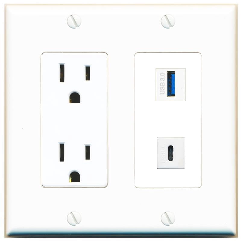 RiteAV 15 Amp Power Outlet and USB-3 USBC Wall Plate Decorative [White]