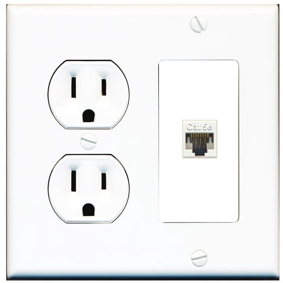 RiteAV 15 Amp Round Power Outlet and 1 Port CAT5E Wall Plate [White]