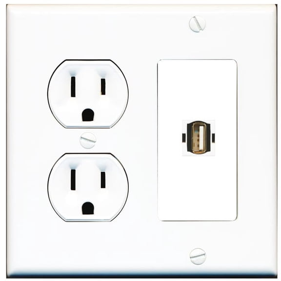 RiteAV 15 Amp Round Power Outlet and 1 Port USB2 Wall Plate [White]