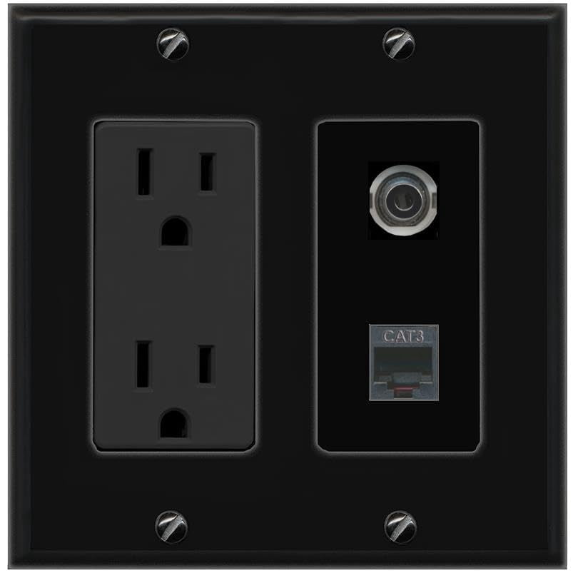 RiteAV 15A Power Outlet 1 Port 3.5mm 1 Phone Jack Decorative Wall Plate [Black]