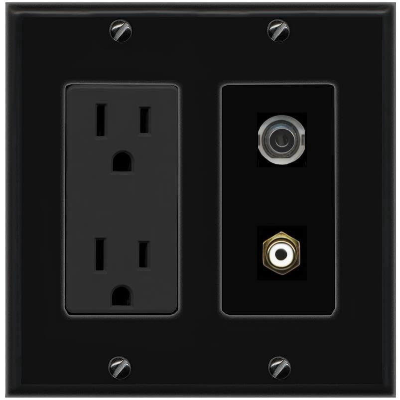 RiteAV 15A Power Outlet 1 Port 3.5mm 1 RCA Jack Decorative Wall Plate [Black]