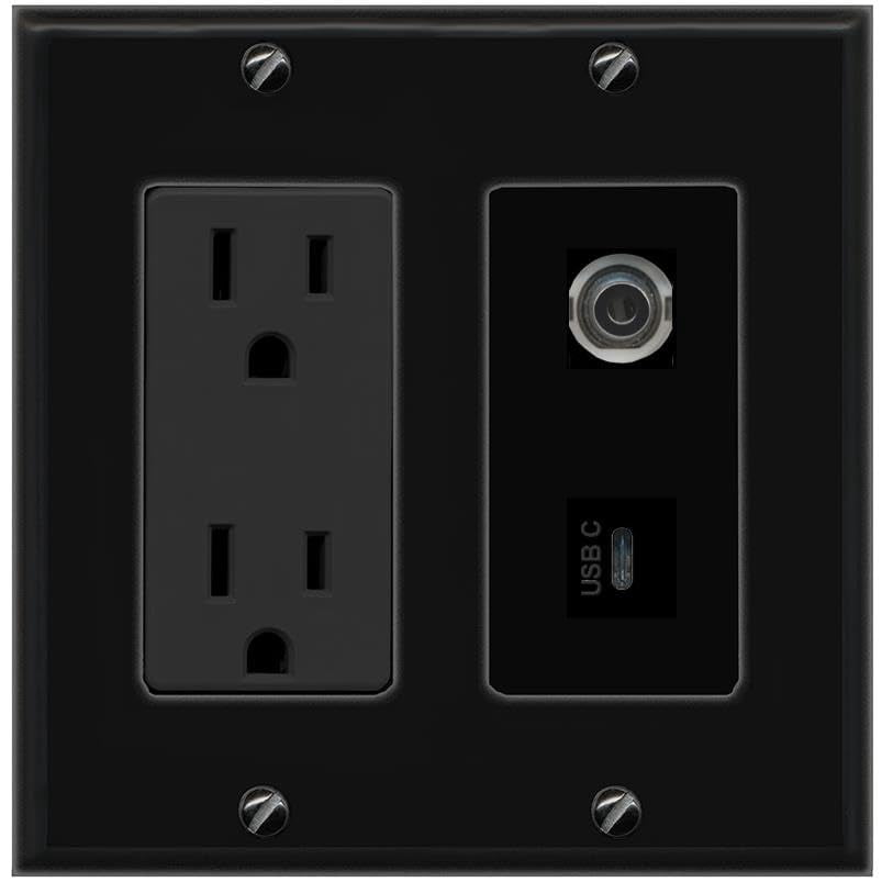 RiteAV 15A Power Outlet 1 Port 3.5mm 1 USBC Jack Decorative Wall Plate [Black]
