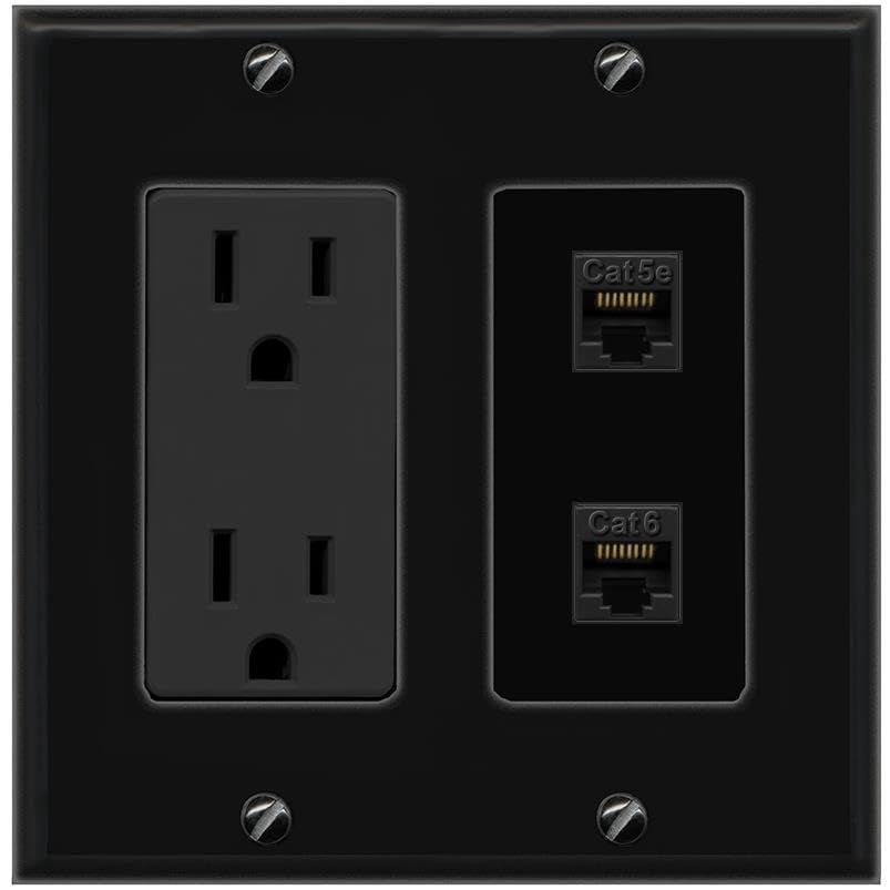 RiteAV 15A Power Outlet 1 Port CAT5E 1 CAT6 Jack Decorative Wall Plate [Black]